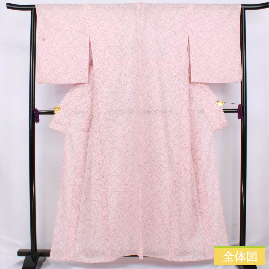 夏物 ポリエステル 小紋 身丈159.5cm 裄丈64cm 曙色(あけぼのいろ) 点 線 洗える着物 絽 Bランク ピンク系 1132002464313