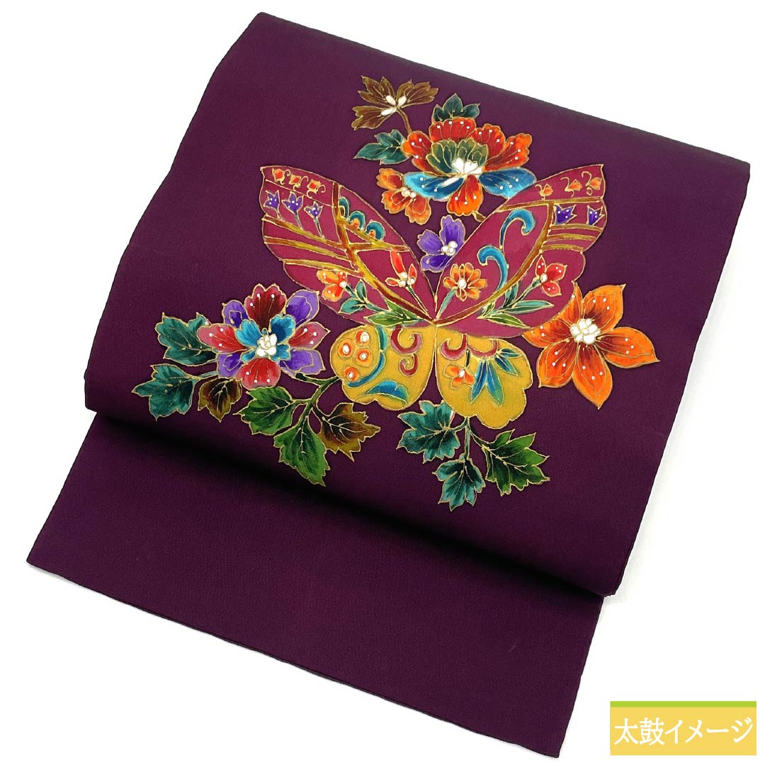 ☆レア☆ 青緑色と金色の波模様 半幅帯 リサイクル着物】名古屋帯 正絹 Aランク 蒲萄色（えびいろ