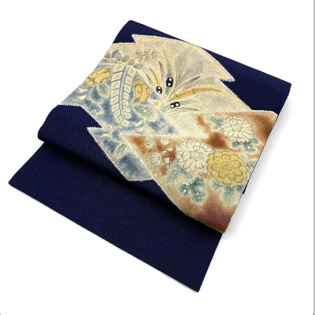 名古屋帯 松皮菱 花模様 染帯 縮緬帯丈380.5cm 正絹 Aランク ポイント柄 カジュアル 紺系 1124001583318 名古屋仕立て