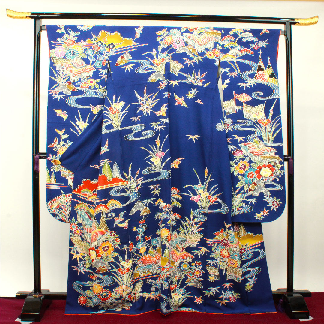 振袖 身丈167.5cm 裄丈68cm 袷 瑠璃色 京紅型 吉祥文様 正絹 Aランク 紺系 1113001773518