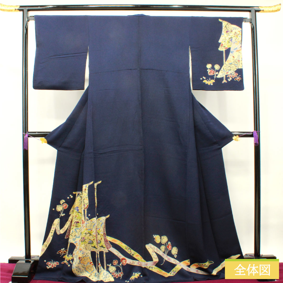 Homongi, pure silk, lined, length 172cm, sleeve length 67cm, dark blue, Tsujigahana, S rank, navy blue, 1112003572618