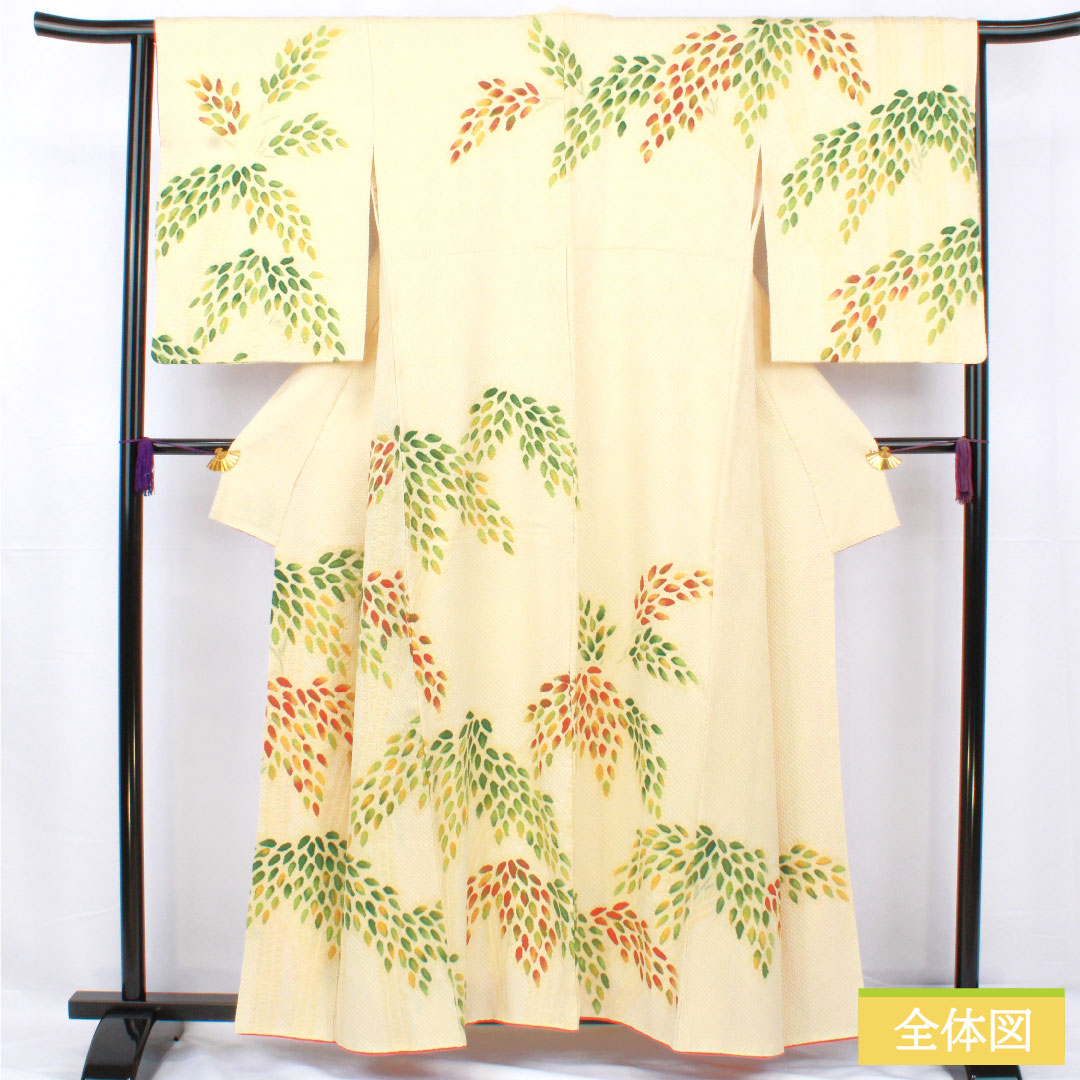 訪問着 正絹 袷 身丈160.5cm 裄丈64.5cm 淡黄色(たんこうしょく) 総絞り 抽象模様 Sランク 黄系 1112005552423