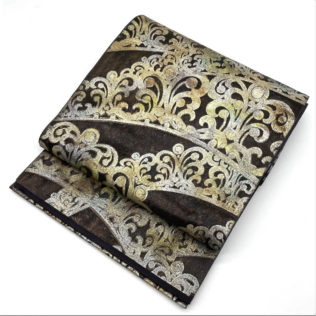 (未仕立)袋帯 憲房色(けんぼういろ) 金唐皮(きんからかわ) 抽象模様 帯丈474cm 正絹 Sランク 六通 フォーマル 茶系 1123006072414