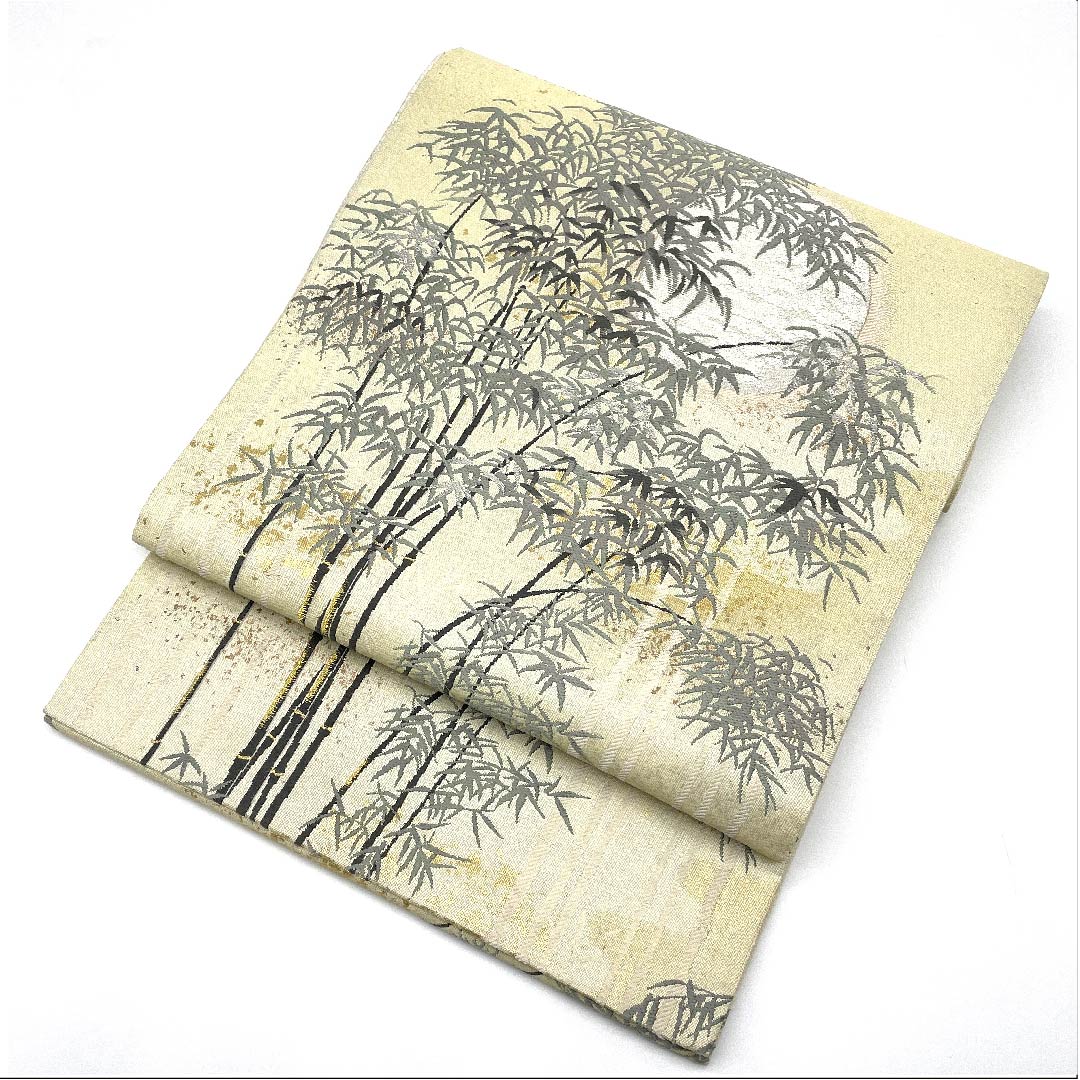 袋帯 象牙色(ぞうげいろ) 真珠箔 竹林 浅山織物 帯丈432cm 正絹 Aランク ポイント柄 フォーマル クリーム系 1123006123315