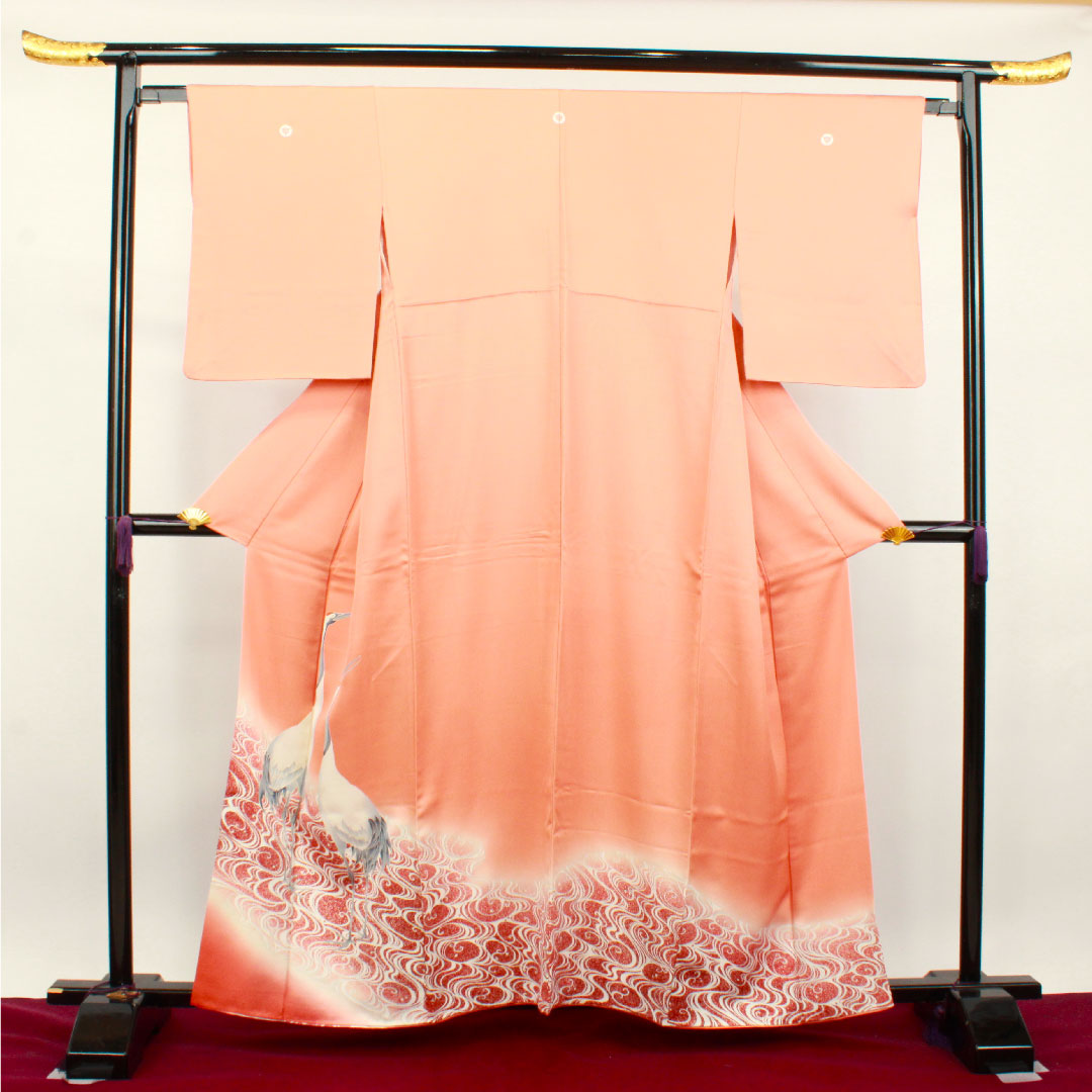 Colored Tomesode, Length 160.5cm, Sleeve Length 64cm, Lined, Coral Color, Kyo-Yuzen, Crane, Flowing Water, Three Fans, Pure Silk, S Rank, Three Crests, Orange, 1111001132426