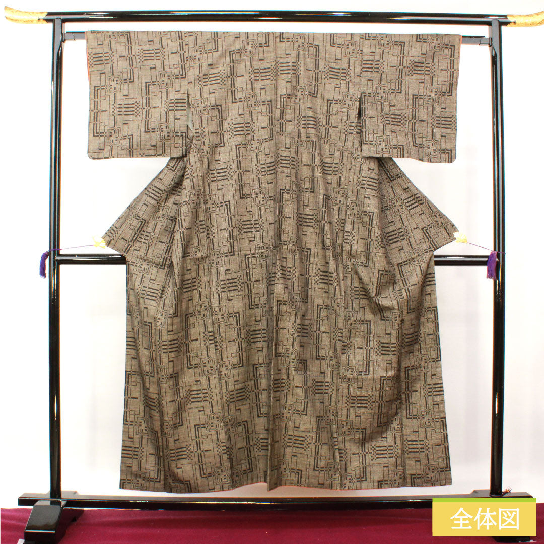 Silk pongee, Length 154.5cm, Sleeve length 63cm, Oshima pongee, Warp and weft ikat, Geometric pattern, A rank, Lined, Black, 1116003563210