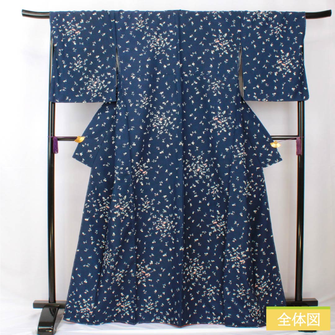 Small pattern, polyester, length 167cm, sleeve length 69cm, lined, navy blue, small flowers, washable kimono, basting thread included, S rank, navy blue, 1115005642518