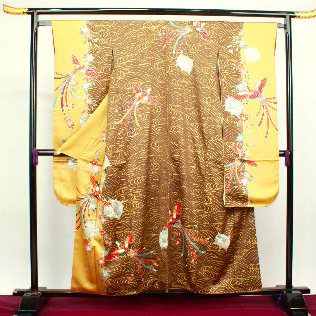 振袖 身丈157.5cm 裄丈65cm 袷 焦げ茶色 京友禅 鳳凰 糸巻き 波 正絹 Aランク 茶系 1113001543314