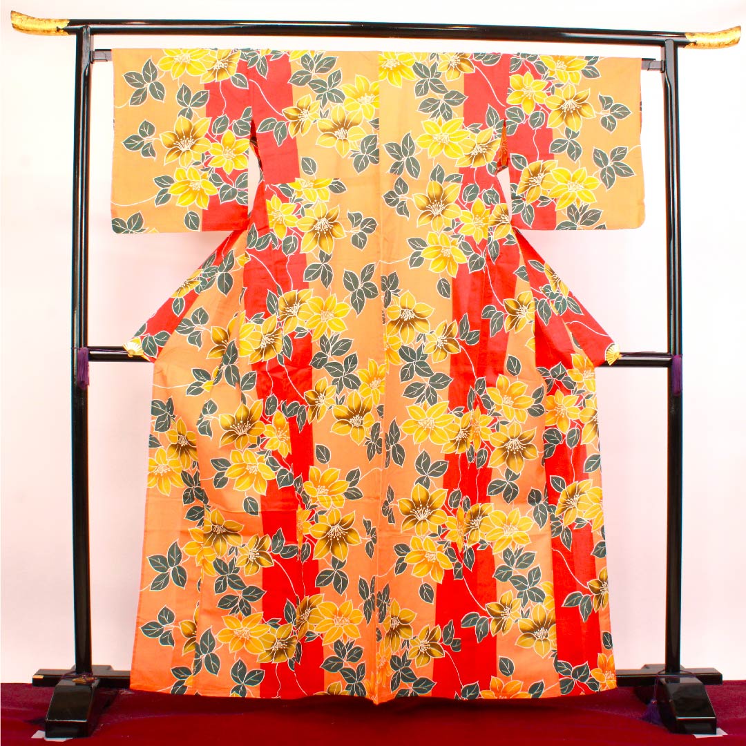 浴衣 黄丹色 ツツジ 木綿 Aランク 単衣 身丈162cm 裄丈66.5cm 朱系 1118004223416