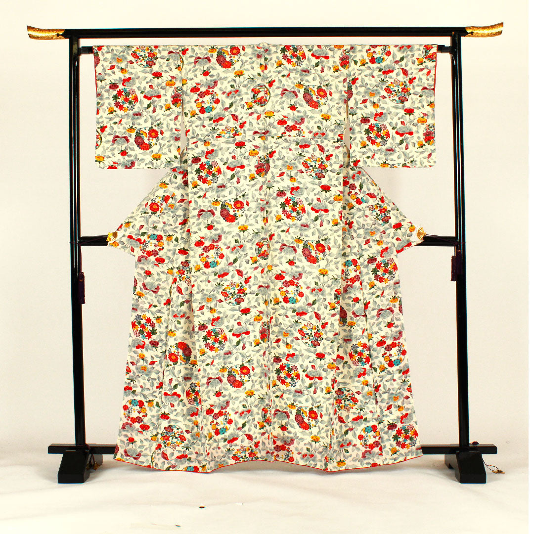 小紋 身丈164cm 裄丈67cm 袷 型染 菊 草花模様 正絹 Aランク 白系 1115001223311