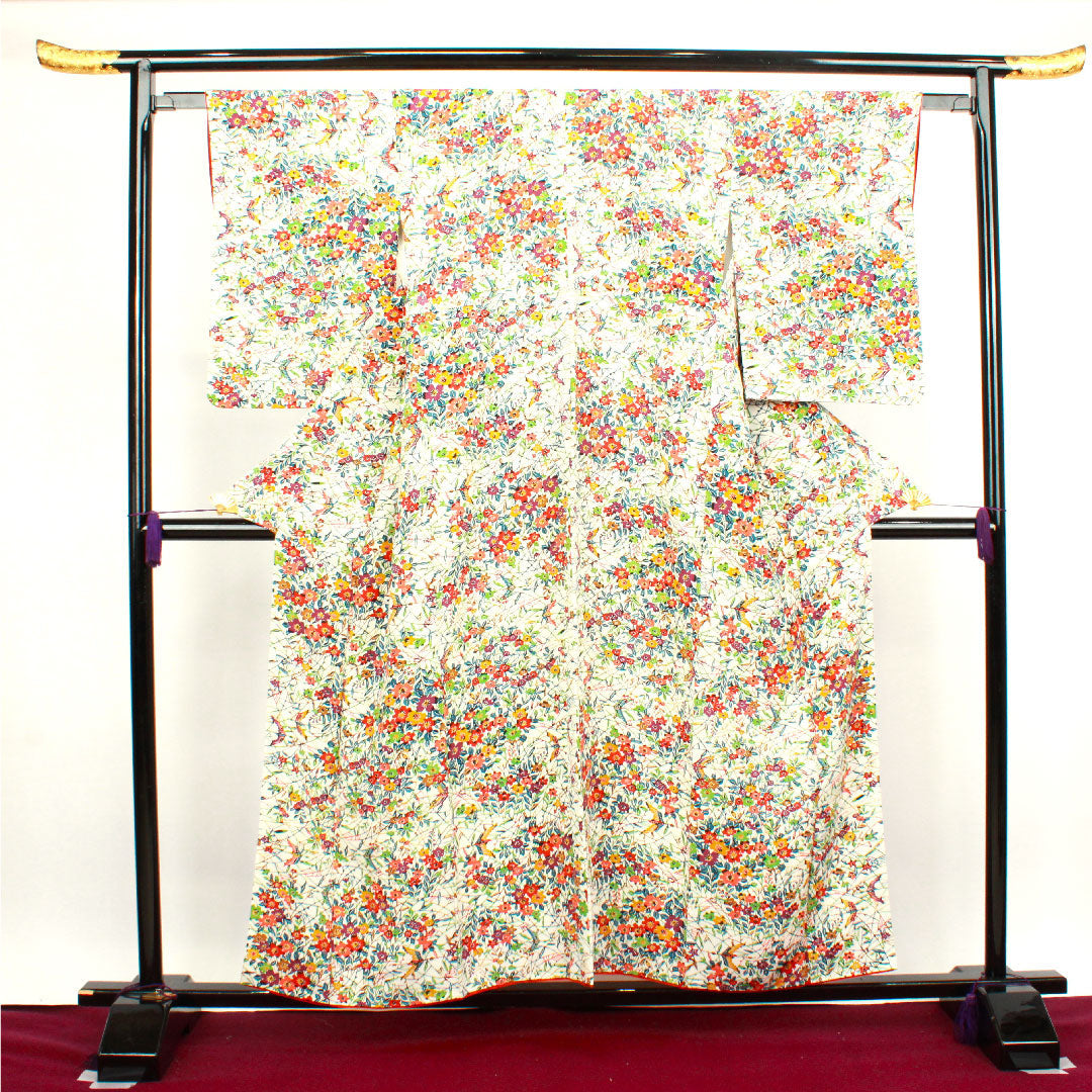 小紋 身丈156cm 裄丈60cm 袷 胡粉色 草花模様 正絹 Aランク 白系 1115003073311