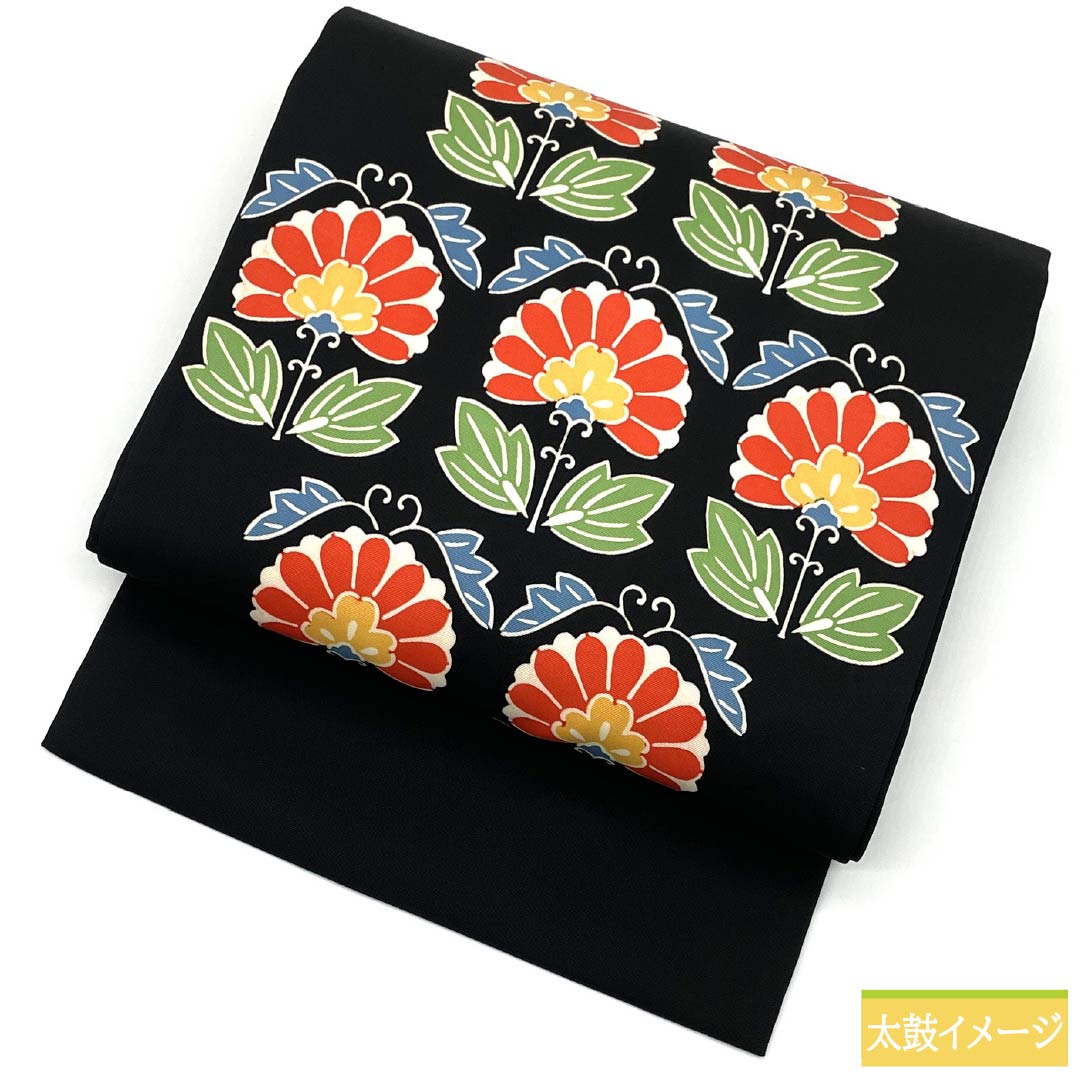 名古屋帯 正絹 Bランク 草花模様 染め帯 帯丈356cm 全通 カジュアル 黒系 1124010734310 名古屋仕立て