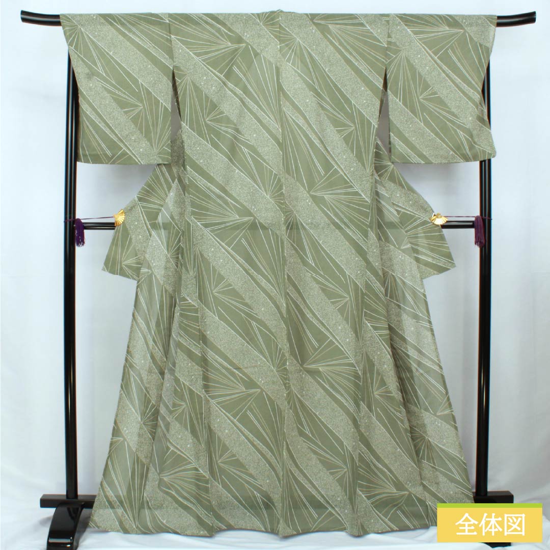 夏物 ポリエステル 小紋 身丈167cm 裄丈69.5cm 岩井茶色(いわいちゃいろ) 抽象模様 紗 Sランク 緑系 1132002392519