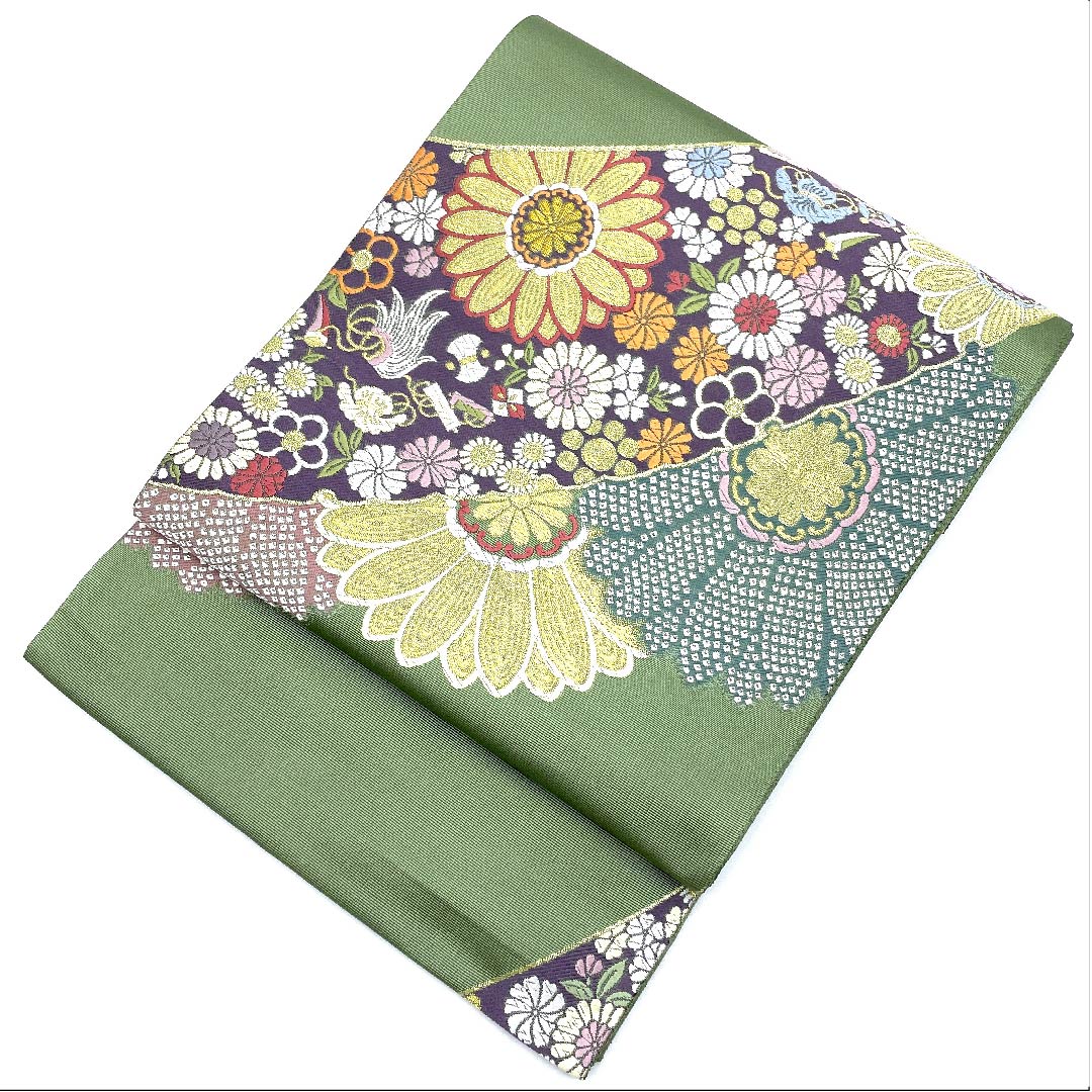 袋帯 山葵色(わさびいろ) 宝尽くし 花柄 高島織物 帯丈435cm 正絹 Sランク 六通 セミフォーマル 緑系 1123007162319