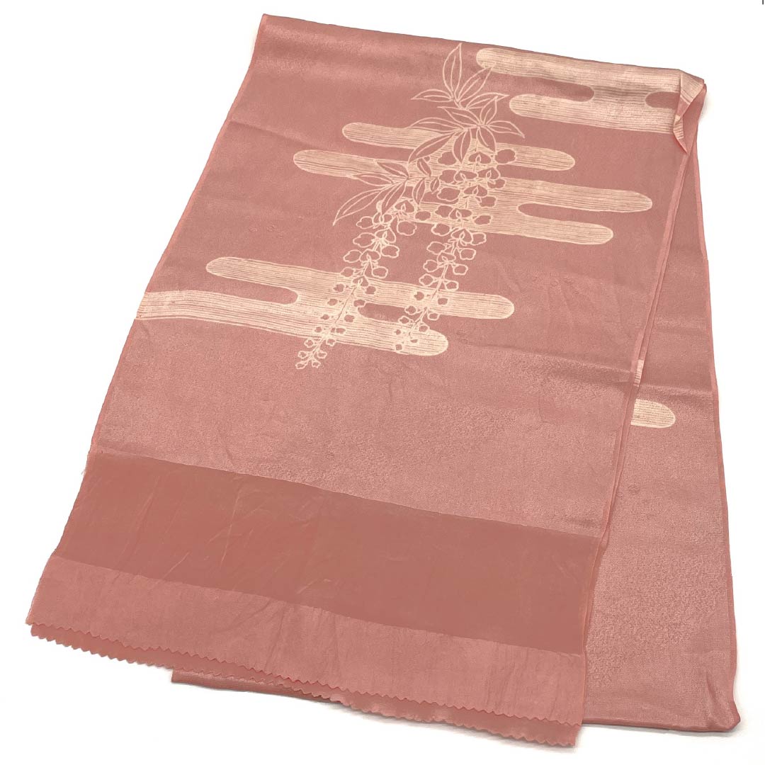 Obiage, pure silk, semi-formal, light pink plum color, Genji clouds, wisteria, classic pattern, length 180cm, width 30.5cm, S rank, pink, 1136000522913