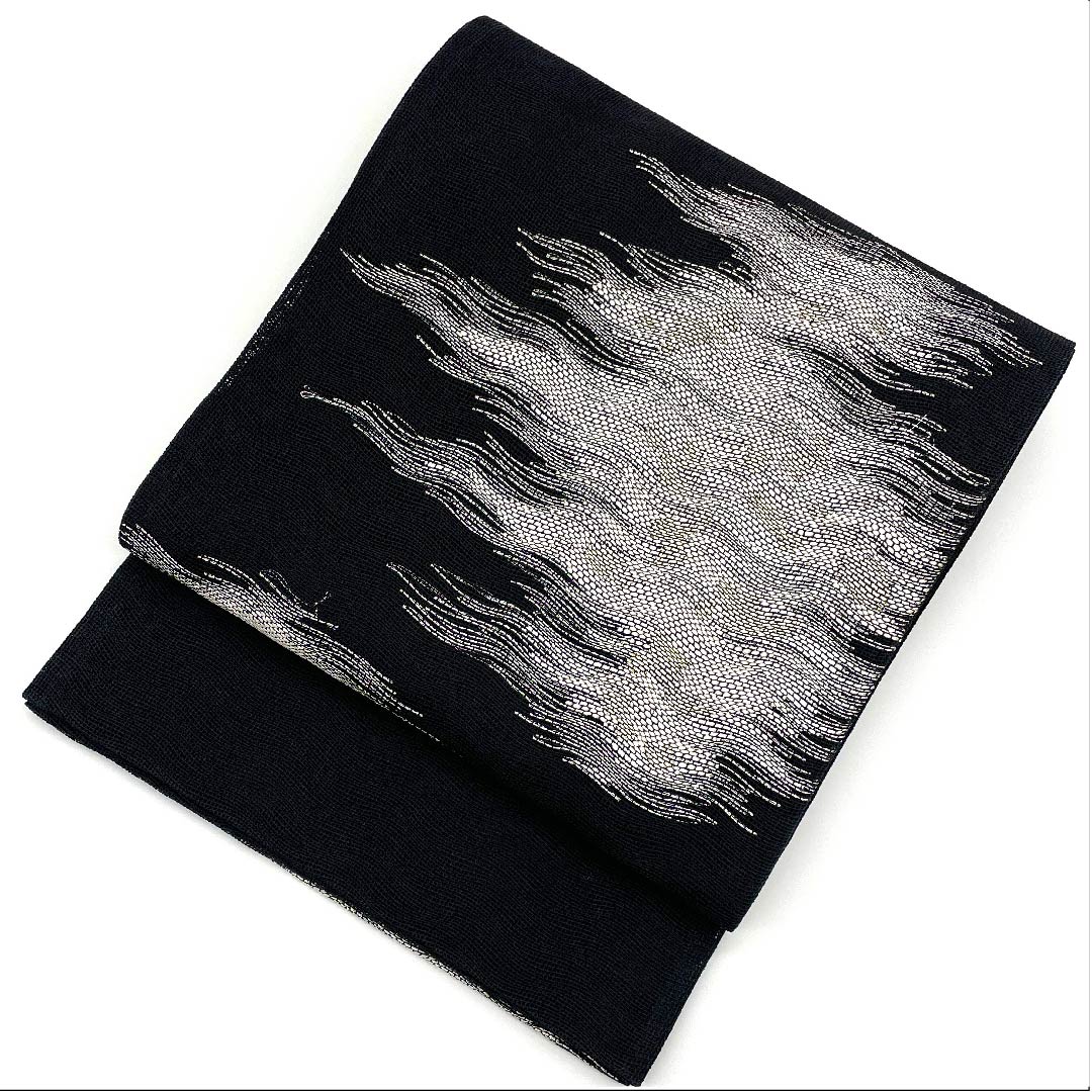 袋帯 夏帯 黒色 抽象模様 夏物 帯丈456cm ポリエステル Aランク 六通 セミフォーマル 黒系 1123008543410