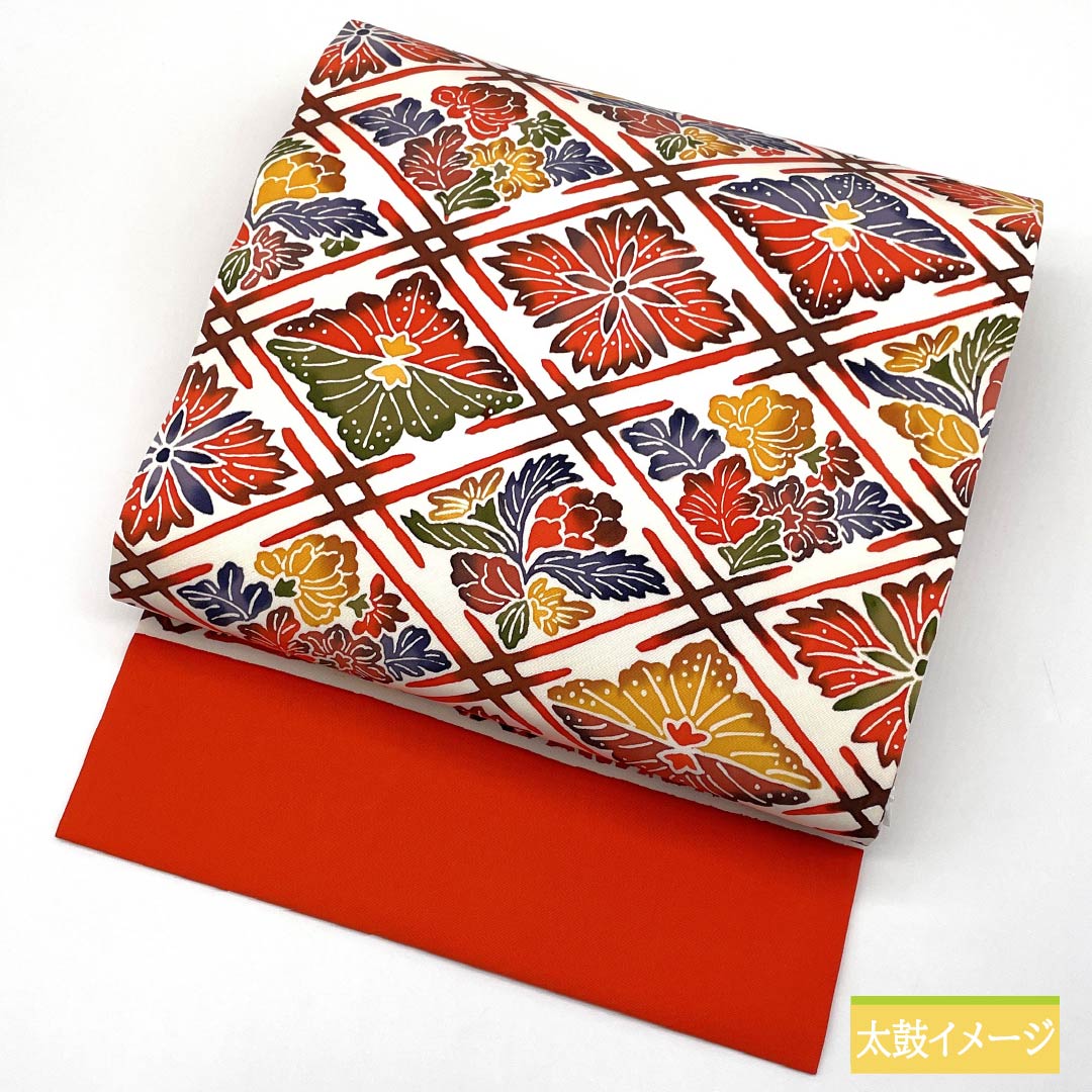 名古屋帯 型染 紅型調模様 繋ぎ菱 帯丈359cm 正絹 Aランク 全通 カジュアル 白系 1124006573311 名古屋仕立て