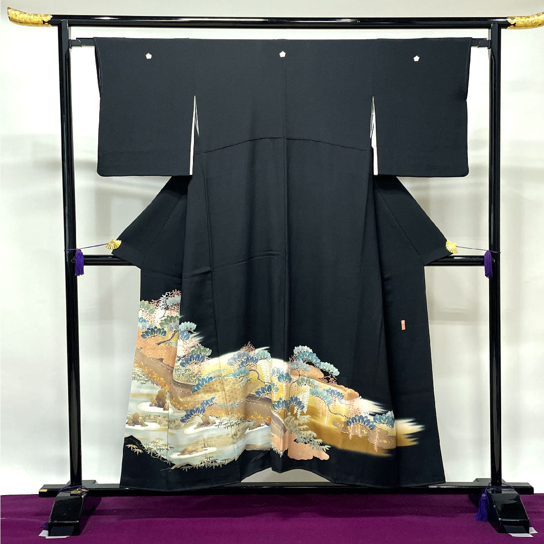 黒留袖 身丈152cm 裄丈63cm 袷 作家物 京友禅 石庭模様 桔梗 正絹 Aランク 五つ紋 黒系 1111000923210