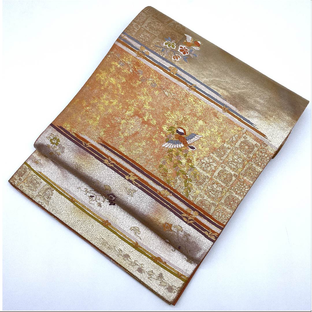 Fukuro Obi (Japanese-style sash) in dark blue with horizontal stripes, phoenix, floral arabesque and butterfly, obi length 430cm, pure silk, A rank, six-pass, semi-formal, gradation style, 1123007963399