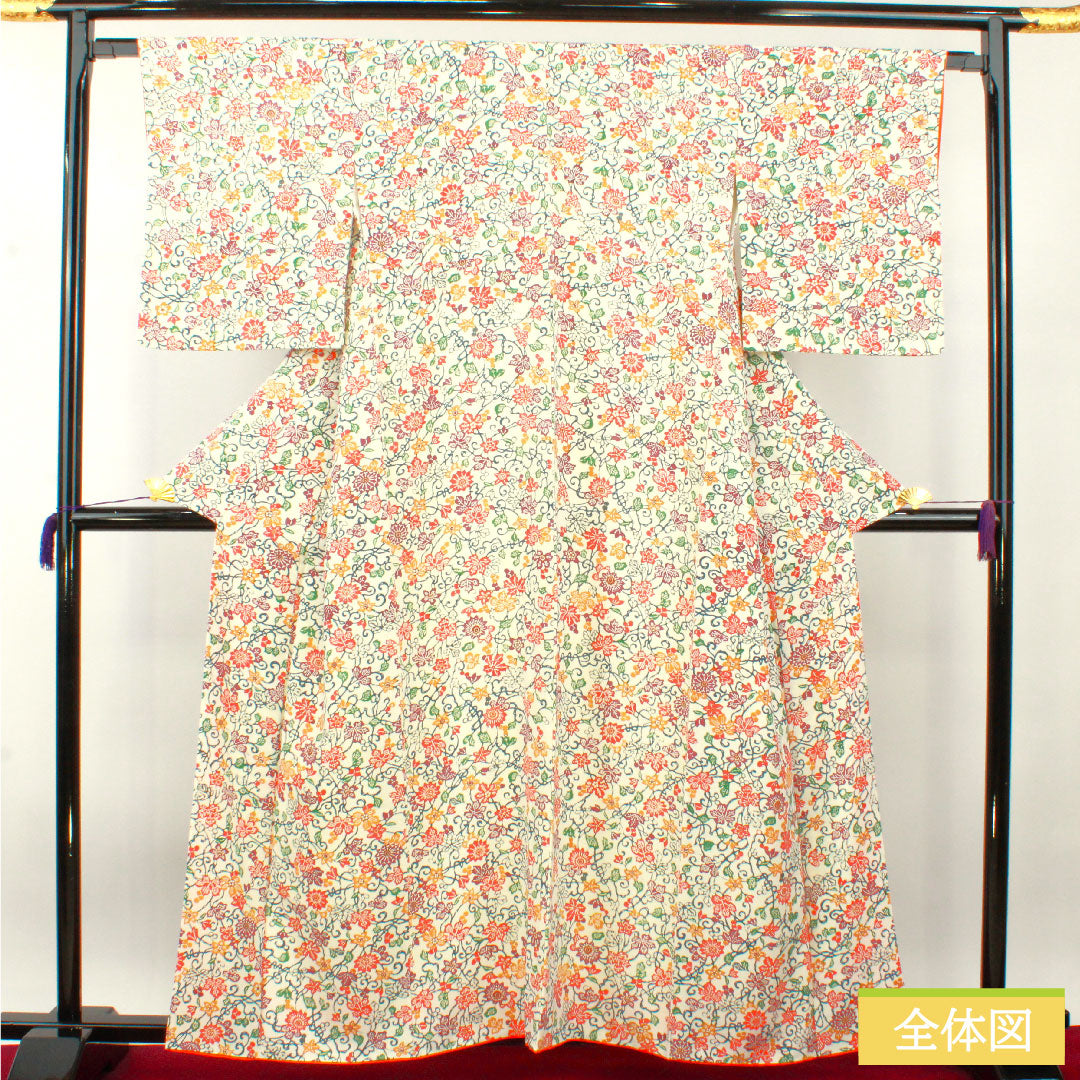 Komon, pure silk, length 160.5cm, sleeve length 64.5cm, lined, stencil dyeing, floral pattern, A rank, white, 1115004313411