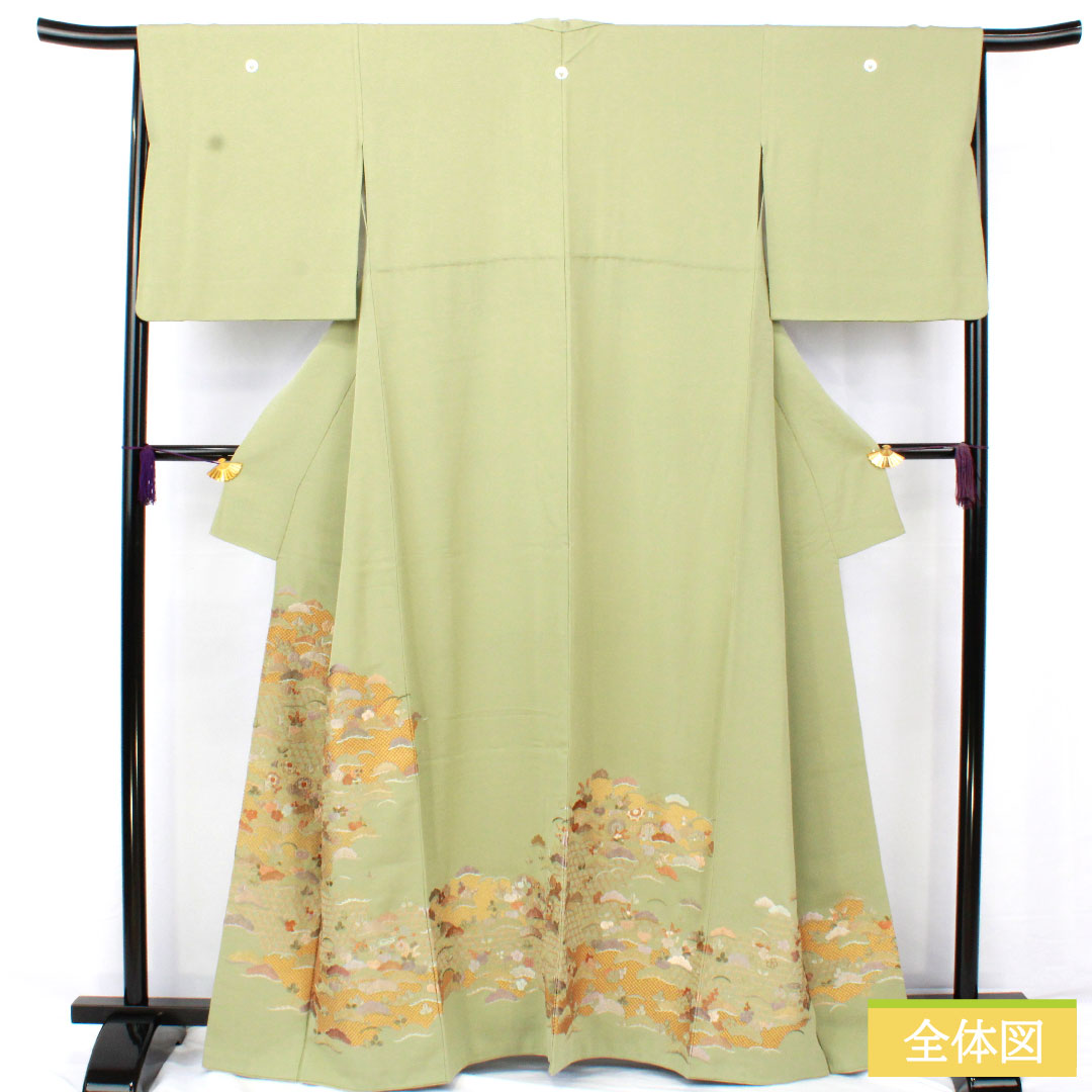 色留袖 正絹 身丈163cm 裄丈67cm 袷 薄柳色(うすやなぎいろ) 蘇州刺繡 丹後ちりめん 吉祥文様 三つ紋 丸に下り藤 Sランク 緑系 1111001682419