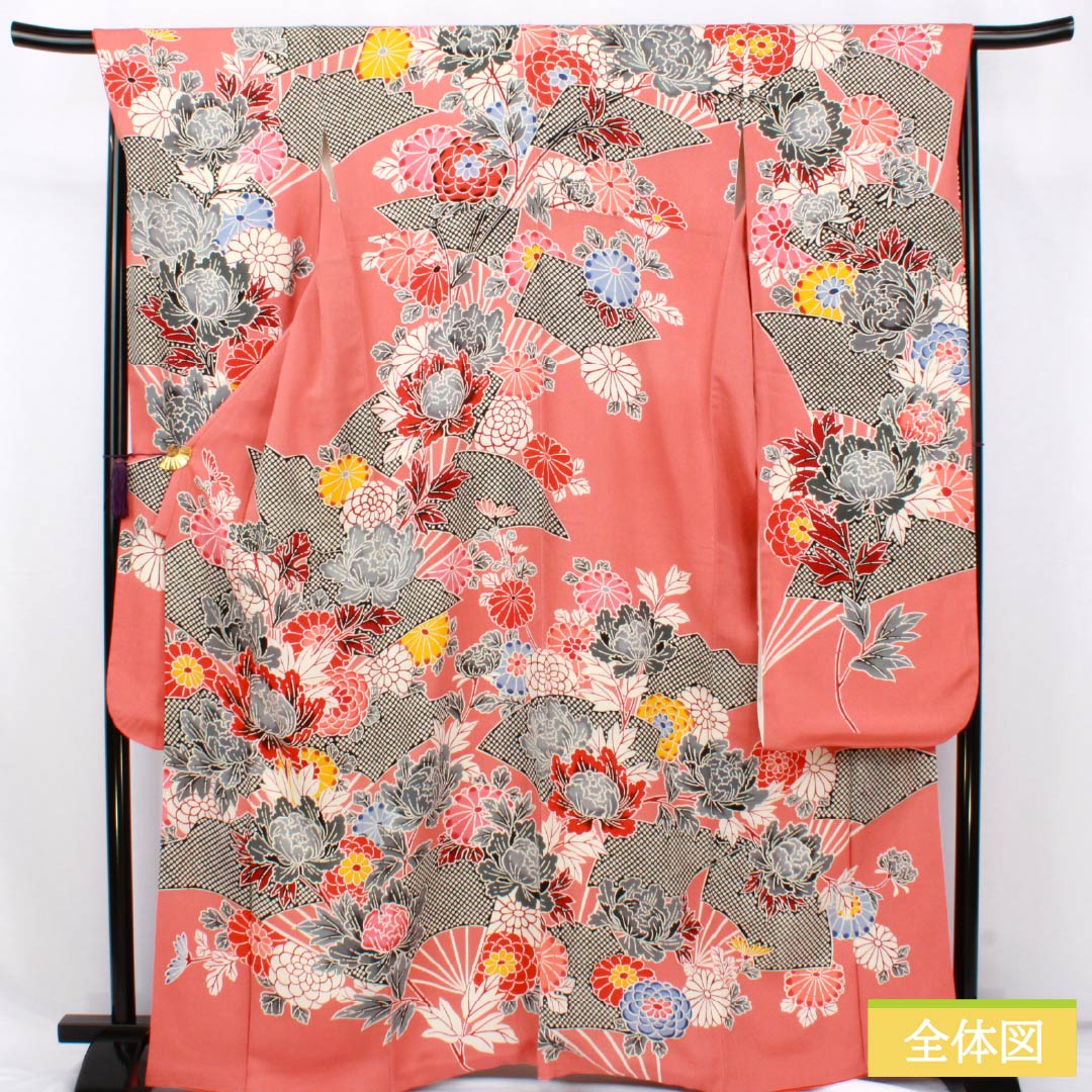 振袖 正絹 Sランク 身丈165.5cm 裄丈67cm 袷 中紅色(なかべにいろ) 京紅型 吉祥文様 ちりめん地 ピンク系 1113002472513