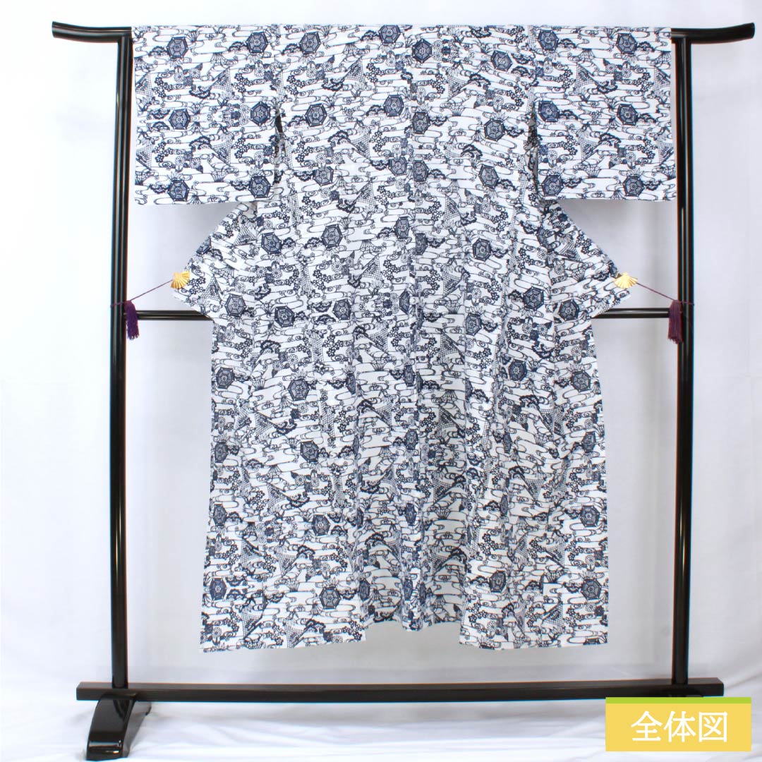 浴衣 木綿 身丈144cm 裄丈63cm Aランク 絽 白系 綿絽 流水 松 吉祥文様 1118005583111