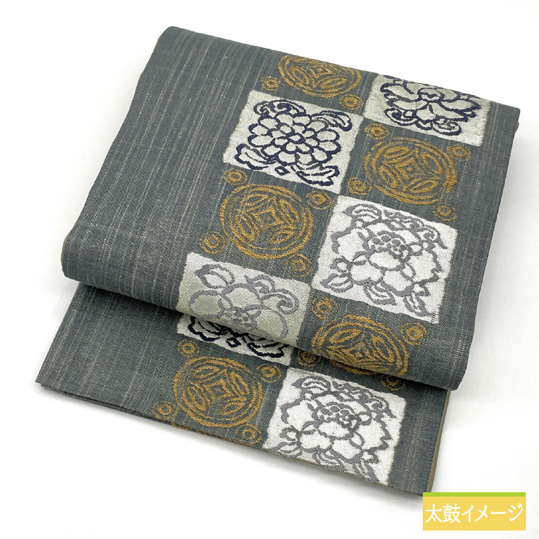 袋帯 正絹 Aランク 藍生壁色(あいなまかべいろ) 西陣織 真綿紬地 抽象模様 帯丈442cm 六通 カジュアル グレー系 1123017013322