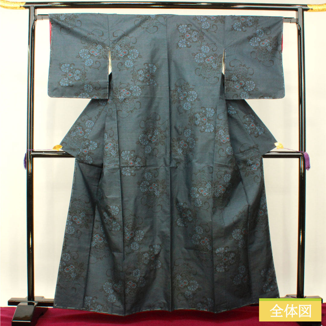 紬 正絹 身丈162.5cm 裄丈64cm 花模様 Aランク 袷 紺系 1116003303418