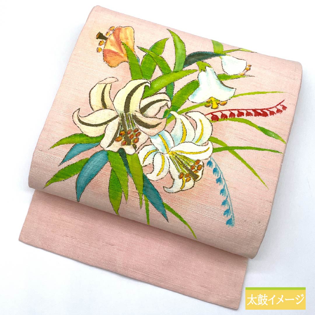 名古屋帯 乙女色(おとめいろ) 紬地 染め帯 百合 帯丈353cm 正絹 Sランク ポイント柄 カジュアル ピンク系 1124007522313 名古屋仕立て