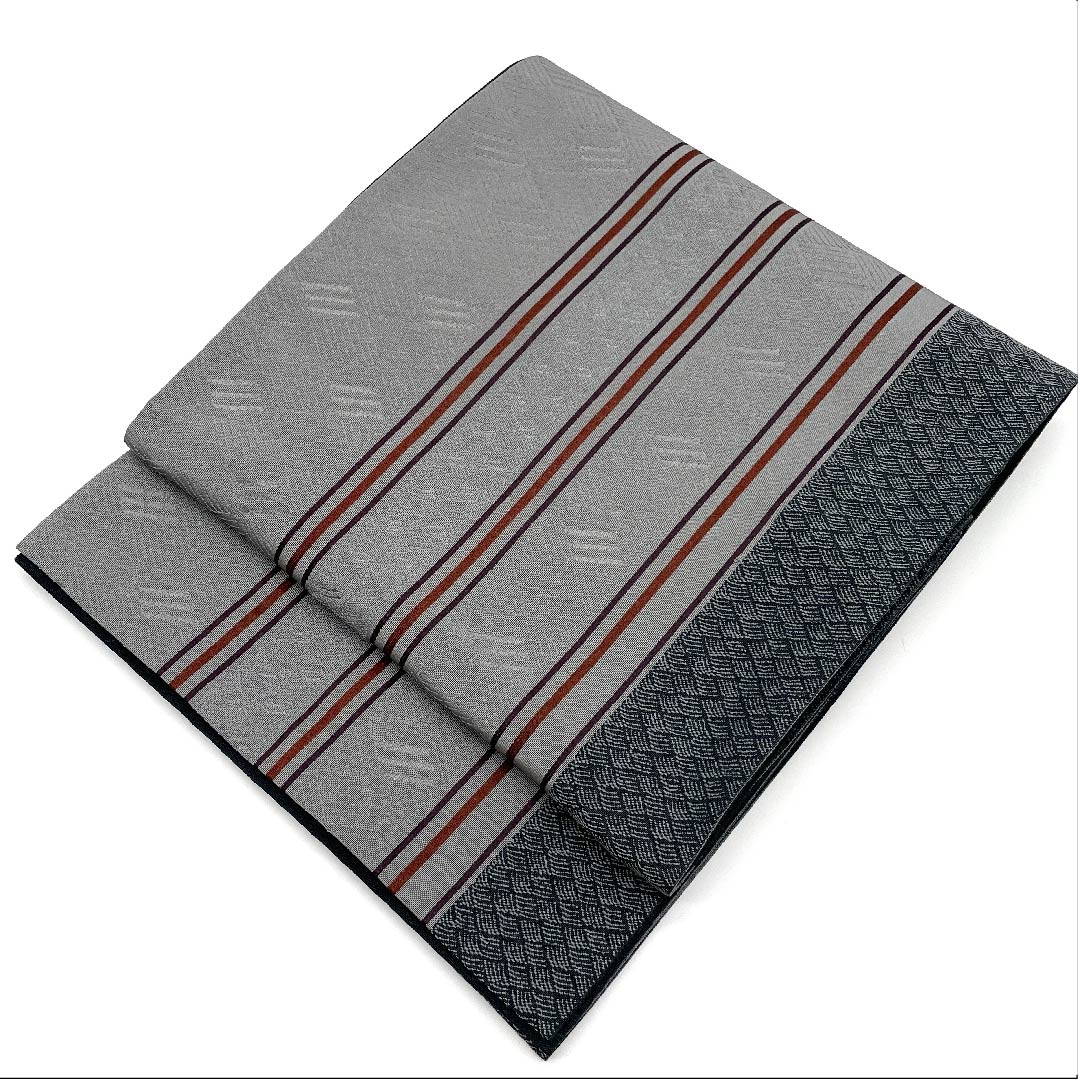 名古屋帯 京袋帯 菱模様 グレー系濃淡 帯丈381cm ポリ Sランク 全通 カジュアル グレー系 1124003422322 開き仕立て