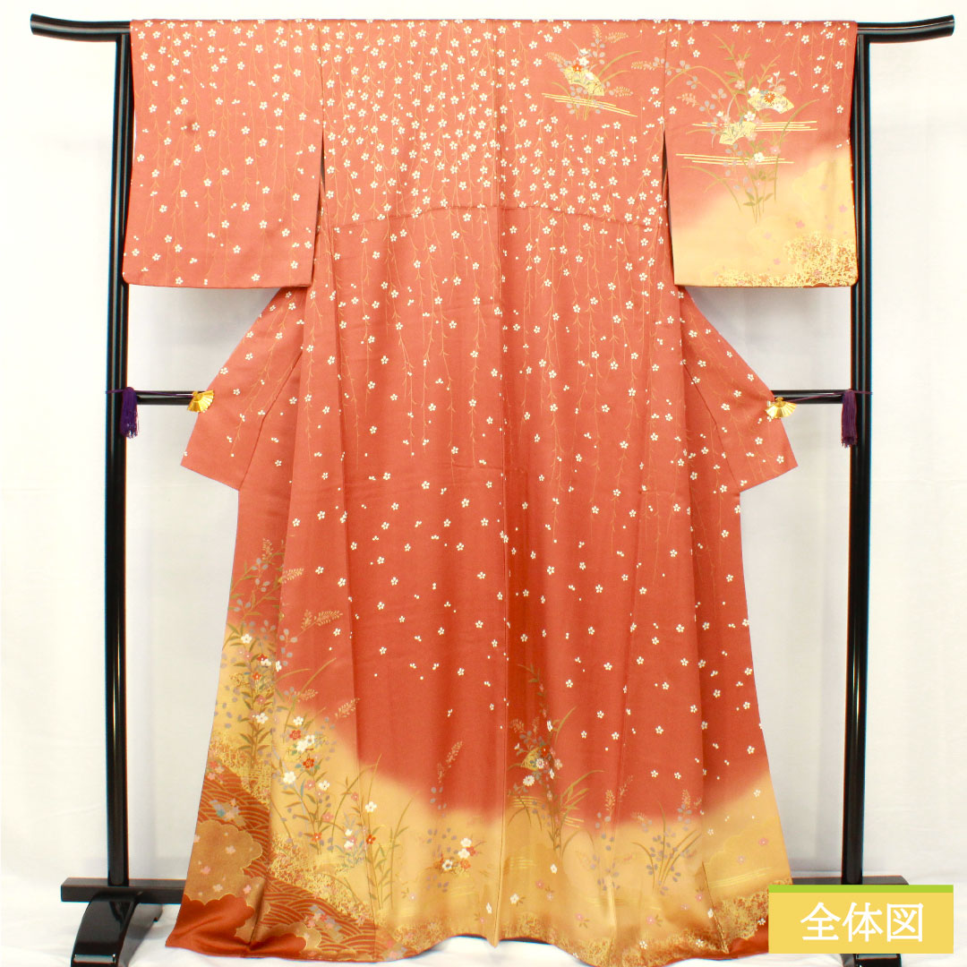 Homongi, pure silk, lined, length 165.5cm, sleeve length 64cm, faded scarlet, Kyoto Yuzen, floral pattern, fan surface, S rank, brown, 1112005512514