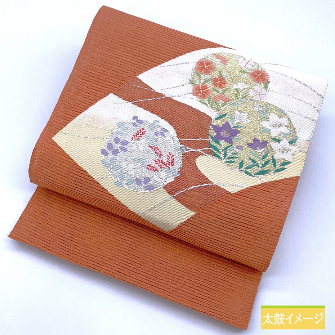 名古屋帯 正絹 珊瑚色(さんごいろ) 夏帯 扇面 丸に花 帯丈359cm Sランク ポイント柄 セミフォーマル 橙系 1124008602326 松葉仕立て