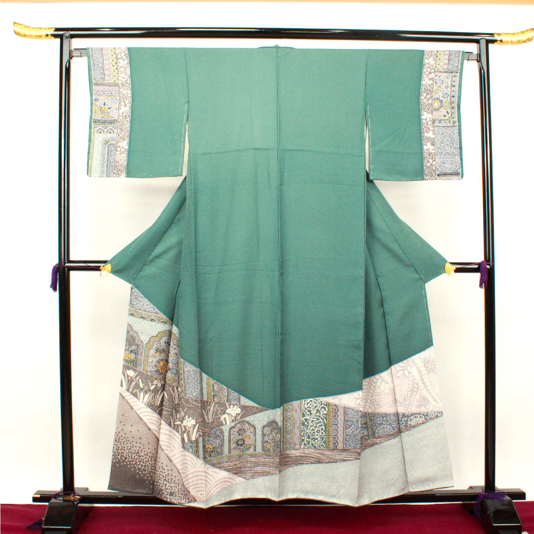 訪問着 袷 身丈156.5cm 裄丈65cm 未使用品 深川御納戸色 更紗模様 しつけ糸付き 正絹 Sランク 緑系 1112002102319
