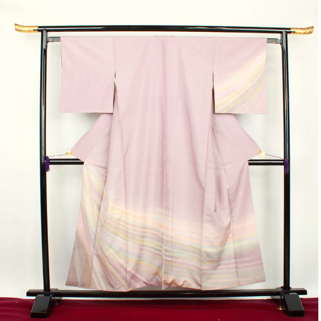 訪問着 袷 身丈153cm 裄丈63cm 葡萄色 牛首紬 白山工房 おぼろ染 正絹 Aランク 紫系 1112001813220