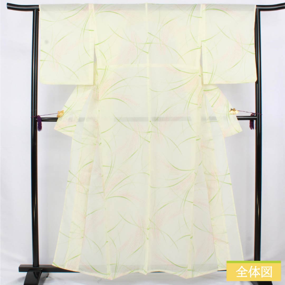 夏物 ポリエステル 小紋 身丈159cm 裄丈63.5cm 白百合色(しらゆりいろ) ススキ 洗える着物 絽 Sランク 黄系 1132002582323