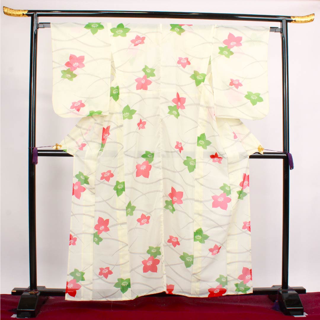 夏物 ポリエステル 訪問着 身丈160cm 裄丈65cm 白百合色(しらゆりいろ)露芝 花模様 絽 Aランク クリーム系 1132000083415