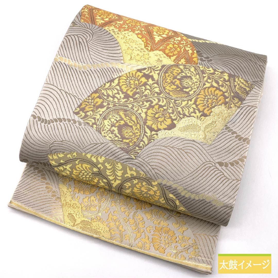 袋帯 正絹 雲井鼠色(くもいねずいろ) 留袖用 扇面 唐花 帯丈438cm Aランク 六通 フォーマル グレー系 1123014073322