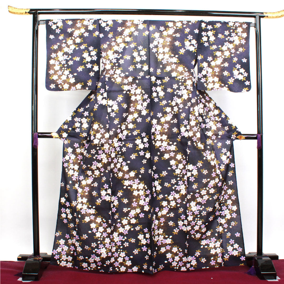 浴衣 褐色 桜 木綿 Sランク 単衣 身丈167cm 裄丈67cm 紫系 1118003552520