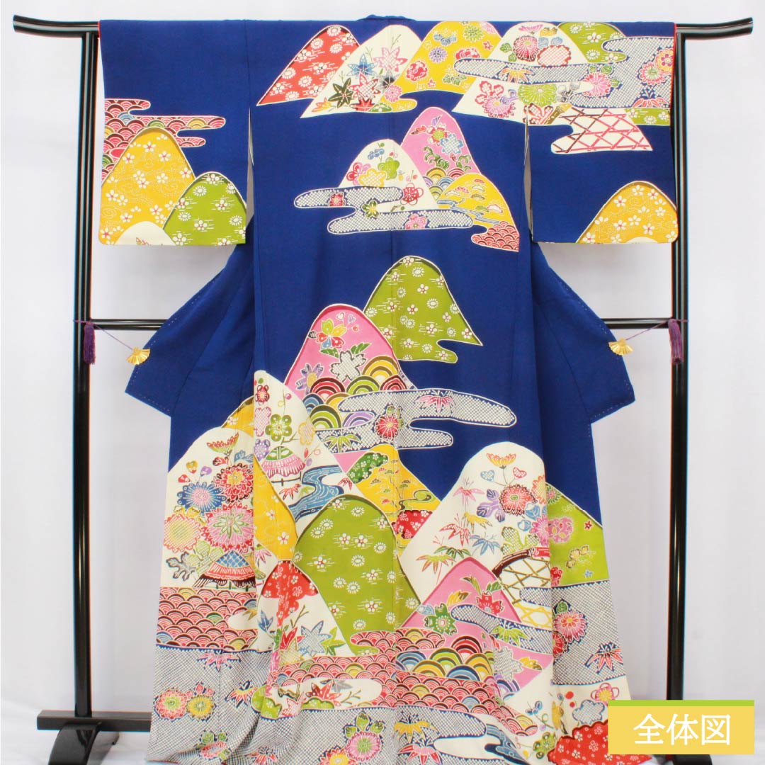訪問着 正絹 Bランク 袷 身丈167.5cm 裄丈64.5cm 瑠璃色(るりいろ) 京紅型 紅型調 風景模様 半衿付き 青系 1112006684517