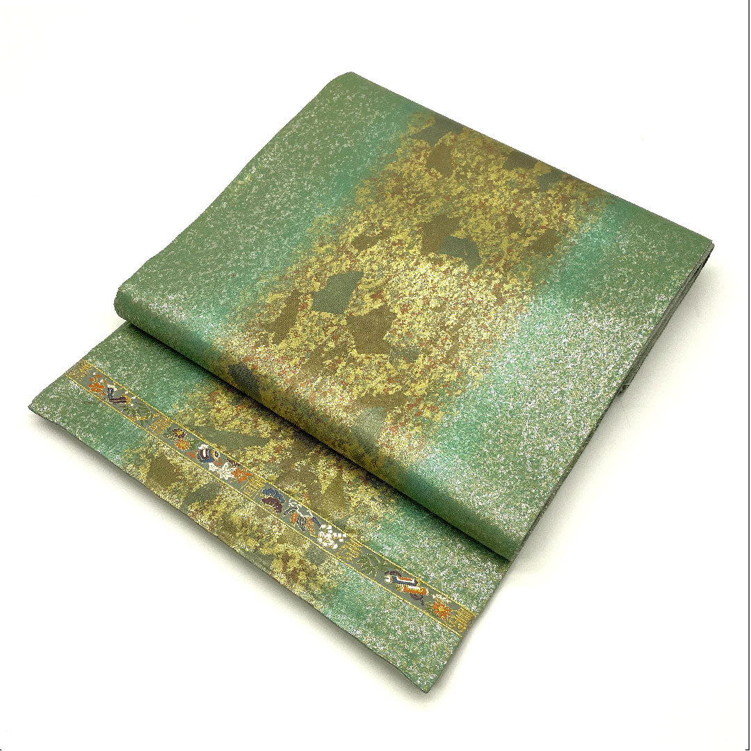 袋帯 引箔 抽象模様 帯丈442cm 正絹 Aランク 六通 セミフォーマル 緑系 1123004663319