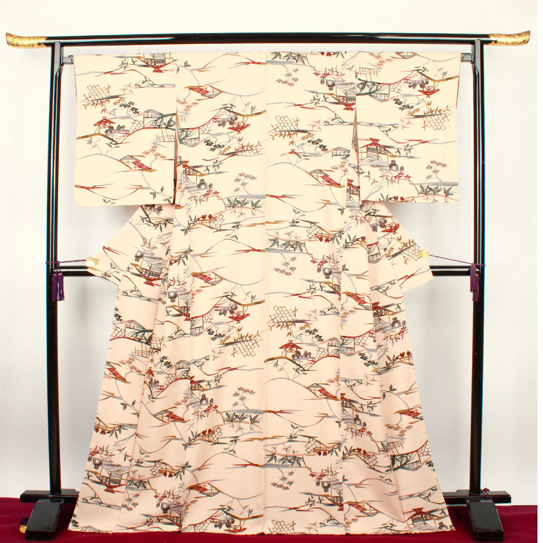 小紋 身丈165.5cm 裄丈66cm 袷 洗柿色 型染 風景模様 正絹 Aランク ピンク系 1115002093513