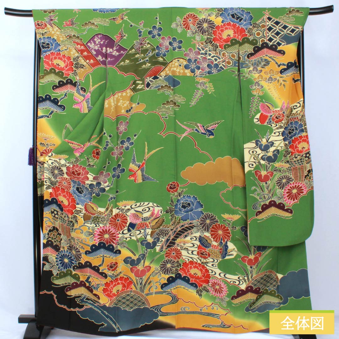 振袖 正絹 Aランク 身丈164.5cm 裄丈69cm 袷 松葉色(まつばいろ) 京紅型 吉祥文様 牡丹 菊 松 緑系 1113002363419