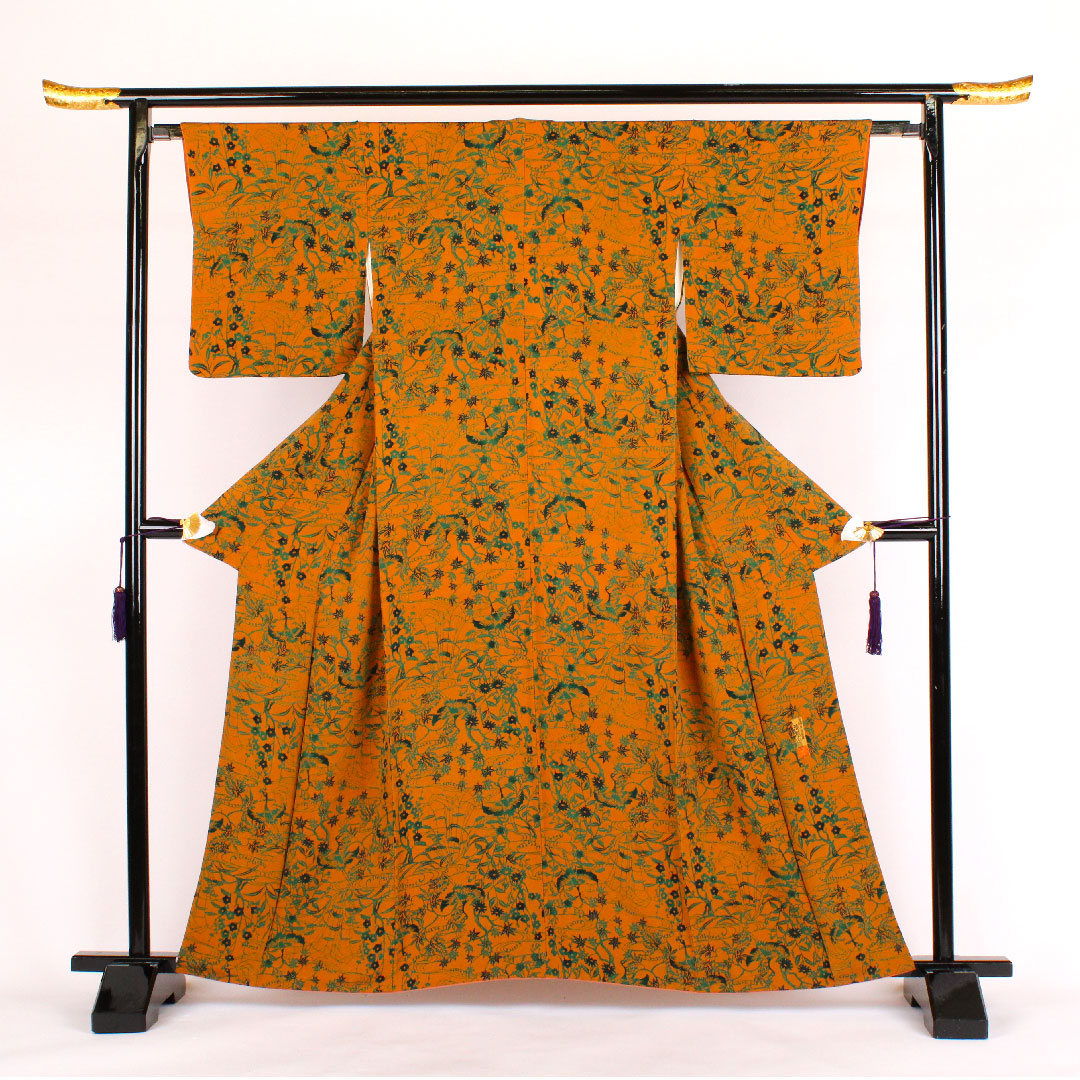 小紋 身丈161cm 裄丈63cm 袷 作家物 鶴に草花 型染 正絹 Aランク 茶系 1115000293314