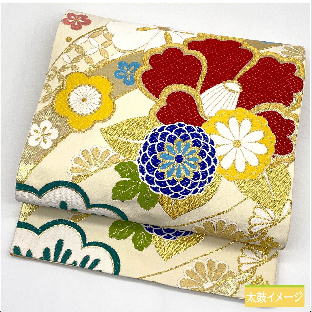 袋帯 正絹 乳白色色(にゅうはくしょくいろ) 松竹梅 椿 桜 七宝 帯丈436cm Sランク 六通 フォーマル クリーム系 1123011662315