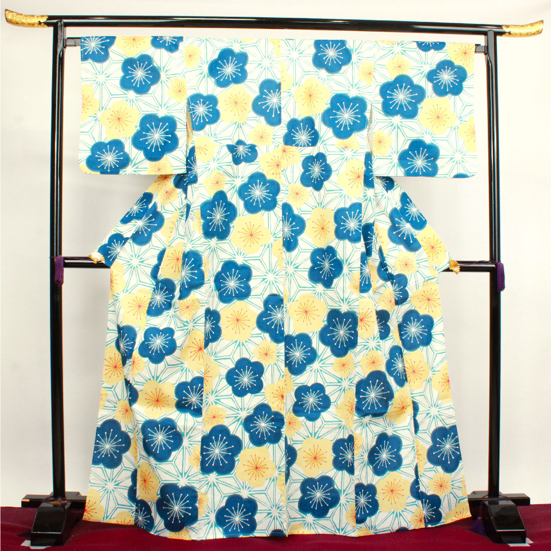 浴衣 山本彩ブランド 梅 麻の葉 木綿 Sランク 単衣 身丈167.5cm 裄丈68.5cm 白系 1118003972511