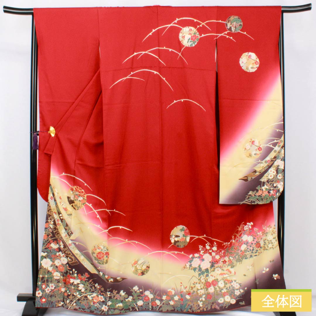 Furisode Kimono (Sleeve Kimono) - Pure Silk, S-Rank, Length 164.5cm, Sleeve Length 65.5cm, Lined, Deep Red, Kyoto Yuzen Pattern, Snow Circles, Dew Grass, Flowers, Red, Item Number: 1113002752412