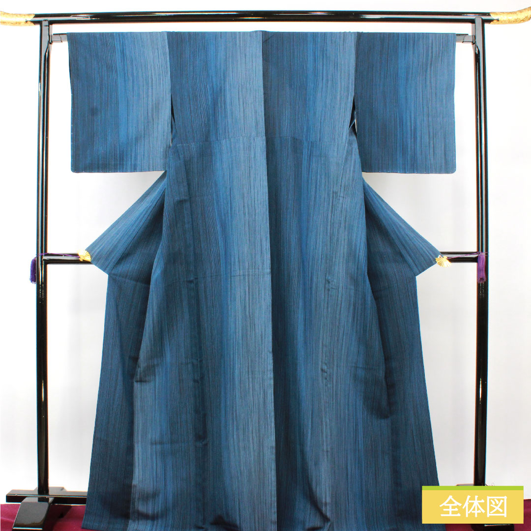 紬 正絹 身丈170cm 裄丈66cm 縞 Sランク 単衣 青系 1116003682617