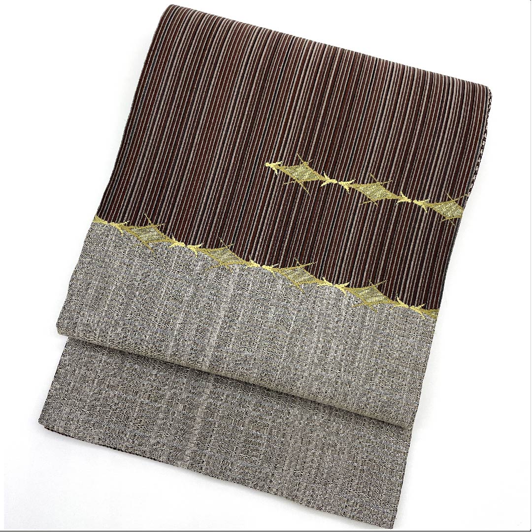 袋帯 鉄黒色(てつぐろいろ) 幾何学模様 チェック 帯丈439.5cm 正絹 Sランク ポイント柄 カジュアル 茶系 1123009292314