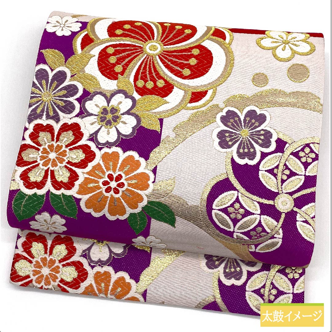 袋帯 正絹 白梅鼠色(しらうめねずいろ) ねじり梅 露草 桜 市松 帯丈440cm Sランク 六通 フォーマル 白系 1123011672311